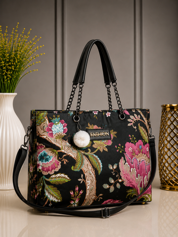 Floral Elegance Black Tote Bag